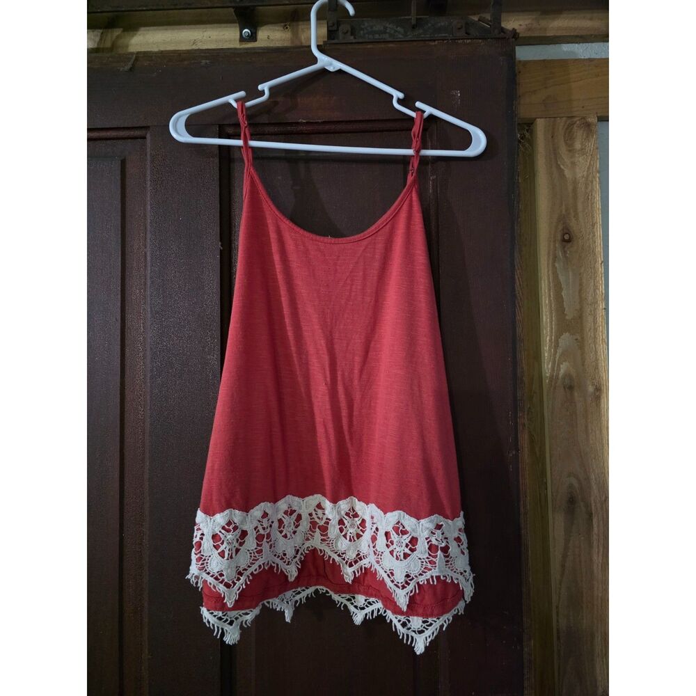 Women’s L Coral Boho Crochet Lace Hem Spaghetti Strap Flowy Tank Top